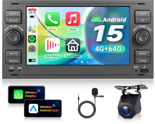 VECHTEL 4G+64G Android 15 Radio Coche para Ford Focus Fiesta C/S-Max Transit Galaxy Mondeo Connect,7'' Pantalla Táctil con Carplay Android Auto Inalámbrico GPS Wi-Fi USB Tipo-C Bluetooth FM RDS Cámara