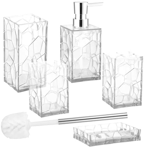Set di accessori da bagno, design acrilico trasparente, 5 pezzi, con dispenser per sapone, portaspazzolino, bicchiere, portasapone e scopino WC (trasparente) (bianco)