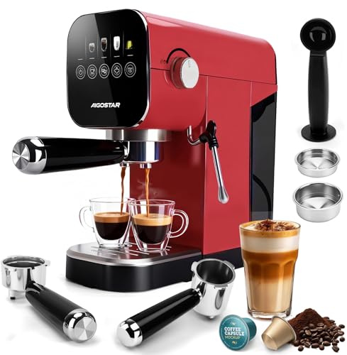 Aigostar - Espresso Siebträgermaschine, Kompatibel mit Kapseln und Gemahlenem Kaffee, 20 Bar, Digitales Touchpanel, 1/2 Tassen, Espressomaschine mit Milchaufschäumer, 0,9L, 1350 W, Edelstahl, Rot