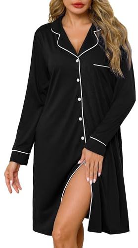 Lovasy Camicia da Notte in Cotone Donna Inverno Maniche Lunghe | Abito da Notte Allattamento con Scollo a V Pigiama Vestaglia Bottoni Davanti con Tasche