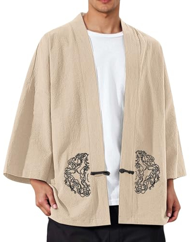 Modeewel Kimono japonais pour homme - Cardigan traditionnel Samurai Yukata - Coton et lin - Manteau en lin - Veste de transition - Imprimé Sakura - Chemise de nuit - Peignoir décontracté