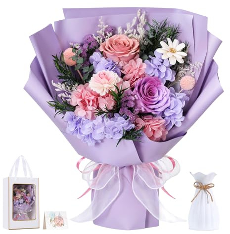 Lewondr Ramo de Flores Conservadas con Jarrón – 2 Rosas y Flores Reales, Ramo Rosas Eternas de Larga Duración, Regalo Eterno para Madre, Esposa, San Valentín Aniversario o Cumpleaños, Morado