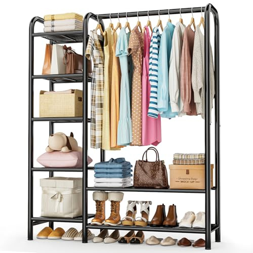 Heavy Duty Clothes Rack with 5 Tiers Shelves, Max Load 670LBS, Portable Freestanding Multi-Functional Metal Clothing Rack with Hanging Rods Organizer System for Bedroom Closet Wardrobe, Black