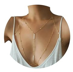 MIYUEFAN Corpo Catena per Donne, Strati Cristallo Corpo Collana Sexy Spiaggia Bikini Reggiseno Nightclub Catena Corpo Accessorio Gioielli (Oro - Paillettes)