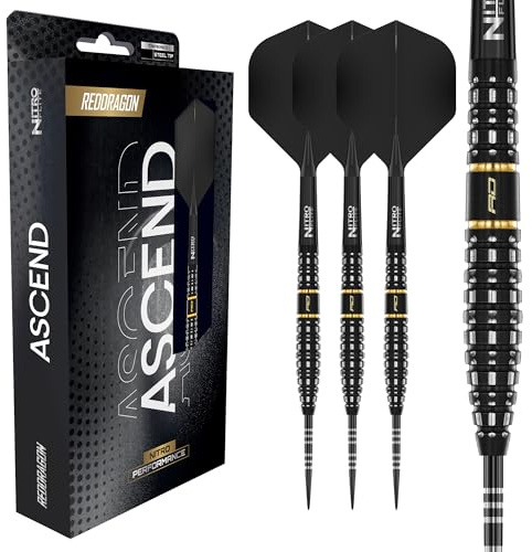 Röd DRAGON Darts – Ascend Series – 90 % volfram professionell dartpilar – Nitro Flite integrerad flyg/schack, dartvingar och skaft | mjuk spets 18 g | dartpilar steeldarts 20 g, 22 g, 23 g, 24 g & 25