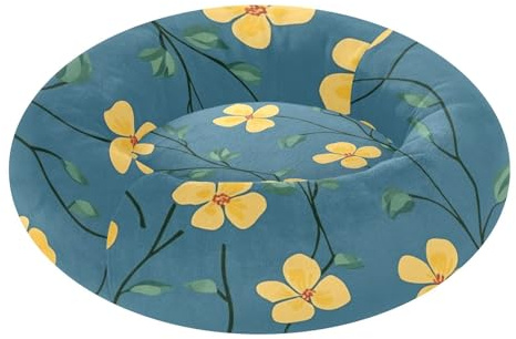 Lit orthopédique pour chat de taille moyenne avec fleurs jaunes sur fond bleu Taille XS
