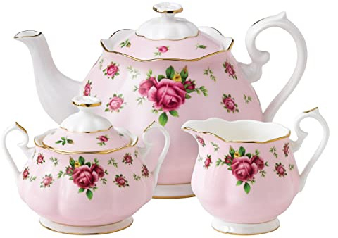 Royal Albert Modern Vintage NCRPNK25823 Teapot, Sugar Box, Creamer 3 Piece Set NCR, Bone China, 42 Ounces, Country Roses Pink, 41.7