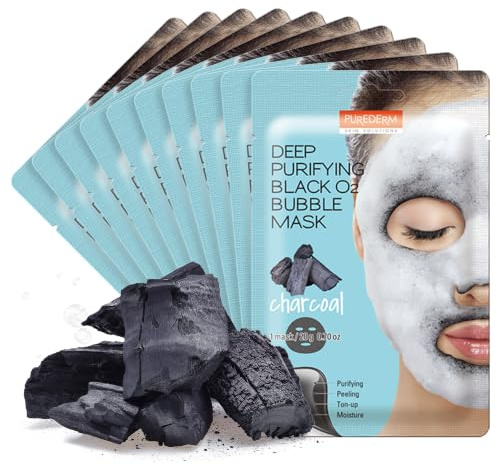 Purederm Charcoal Bubble Face Mask, Deep Cleansing and Purifying for Pore Minimizing and Detox, Korean Skincare for Combination and Oily Skin (10 Pack)