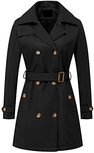 Chrisuno Women's Double-Breasted Trench Coat Mid-Length Belted Lapel Overcoat Pea Coats Outerwear Black S