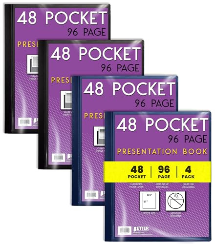Better Office Products 48 Pocket Bound Presentation Book, Assorted Colors, Clear View Front Cover, 96 Sheet Protector Pages, 8.5 x 11 Sheets, Art Portfolio, Poly Covers, Letter Size (4 Pack)
