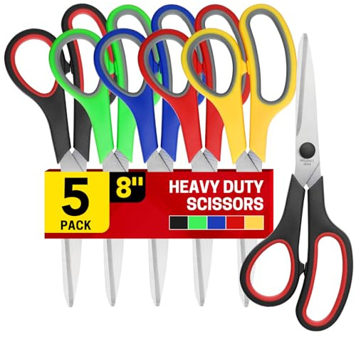 5-Pack, 8 Scissors All Purpose Comfort-Grip Handles Sharp Scissors for Office Home School Craft Sewing Fabric Supplies, High/Middle School Student Teacher Scissor, Right/Left Handed