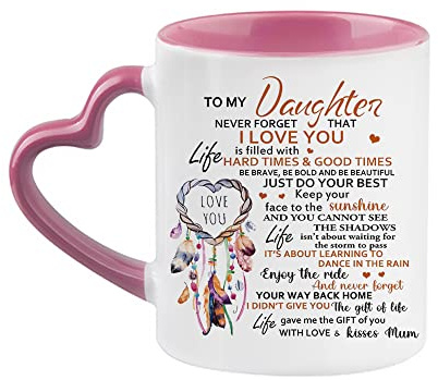 Inspirerande mugg för dotter födelsedag, gåvor till dotter, kvinnomugg, dotter gåva från mamma kaffe te mugg 325 ml hjärthandtag keramisk mugg. (Rosa)