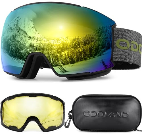 Odoland Skibrille Snowboardbrille für Damen und Herren mit 2 Magnetische Wechselglas und Hülle Anti-Fog UV-Schutz Helmkompatible für Jungen und Frauen, Männer zum Snowboard Skifahren