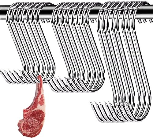 YOUYIKE 30 Pezzi Ganci da Macellaio in Acciaio Inox, 13/15/20 cm Ganci a S con Punta Affilata, Ganci da Cucina Inox, Ganci per Affumicatura per Appendere Carne, Barbecue, Cucina