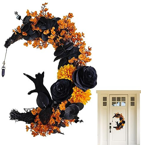 Zankie Couronnes d'Lune pour Porte D'entrée - Couronne Lune d'halloween avec Chat | Couronne Porte Chat D’Décoration Murale| Décorations d'halloween pour Chats