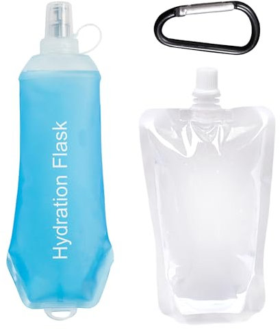 1 botella de agua plegable con 1 bolsa de bebida con apertura recta y 1 mosquetón