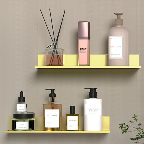 HNVNER Etagere Douche sans Percage, Or Brossé Etagere Murale Décorative Lot de 2, Etagere Rangement Salle de Bain 30cm, Metal Étagère Flottante pour Salon Chambre Cuisine Bureau Salle de Bains