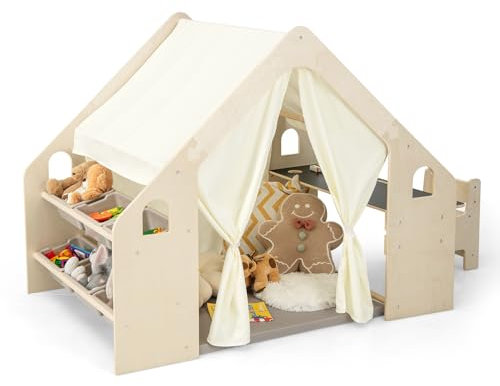 GYMAX 6 in 1 Kids Tent, Large Play Tent with Padded Mat, Blackboard, Storage Bin, Table & Chair, Indoor Children Playhouse for Toddlers Aged 3-6 Years Old (145x98x113cm)