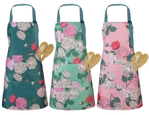 Candcamp 3 Pcs Floral Aprons with 2 Pockets for Women | Adjustable Aprons for Cooking Gardening Housework BBQ