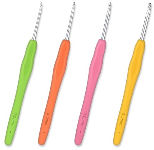 Piriuuo 4 Stück Häkelnadel Set, 4 Größen Bunte Ergonomische Häkelnadel mit Silikongriff Häkelnadeln 14 cm Lange Häkelnadel Stricknadel DIY-Handstrick für Anfänger und Häkelliebhaber, 2/2.5/3/3.5 mm