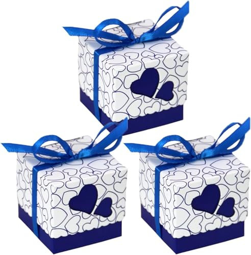 50xKraftpapier Geschenkbox Geschenkschachtel Gastgeschenk Box mit Tags und Jute Schnur für Hochzeit Weihnachten Babyshower (Blau, 5x5x5cm)