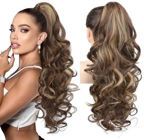 REECHO Ponytail Extension, 24 Claw Clip in Long Curly Wavy Ponytail Hair Extension Jaw Clip on Pony Tails Hairpiece for Women - Chestnut Brown with Golden Highlights