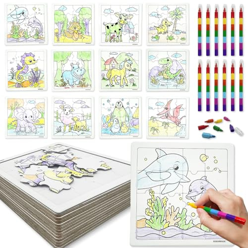 HahaMagic, 12PCS puzzles para colorear, con 12 ceras de colores apilables (7 colores en 1), adecuado como regalos cumpleaños niños colegio, regalitos de navidad para niños y detalles para regalar