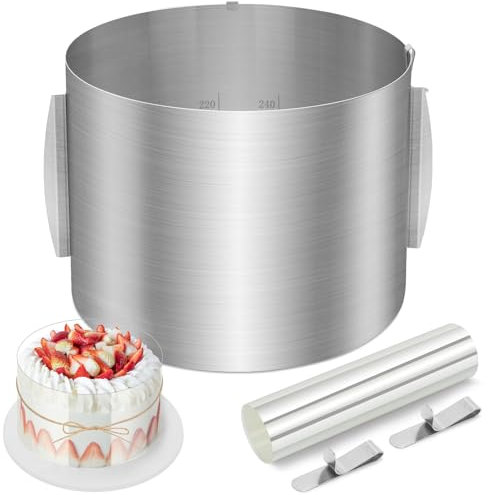 YSWOVUO Tortenring Verstellbar Hoch 20cm, Edelstahl Backring Ø 16-30 cm, Stabile Tortenringe mit 2 Befestigungsclips & Tortenrandfolie, Backring Verstellbar Backrahmen Rund zum Backen und Dekorieren