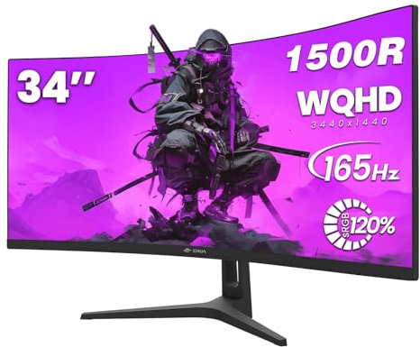 CRUA 34 Inch Curved Gaming Monitor, 21:9 WQHD 3440x1440 165Hz/144Hz 1500R Ultrawide Computer Monitor Support Freesync, PIP/PBP, 120% sRGB, HDMI 2.0 & DP 1.4, Wall Mountable/Tilt Adjustable-Black