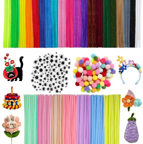 400 Stück Pfeifenputzer zum Basteln, 27Farben 200 Chenilledraht, 100 Chenilledraht Pompons und 100 Wackelaugen Selbstklebend, Pfeifenputzer Bunt zum Basteln für Kreative DIY