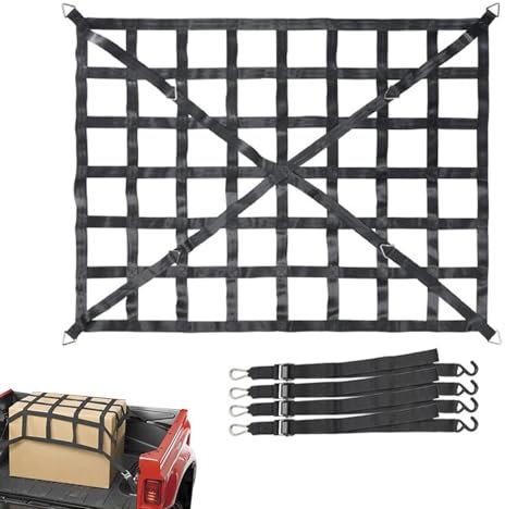 Generisch LKW-Ladeflächennetz - 4 x 4 Frachtnetz Heavy Duty - Dachgepäckträger-Gepäcknetz für Pickups, SUVs, kleine Anhänger, strapazierfähiges Ladeflächen-Bungee-Netz und Aufbewahrungstasche