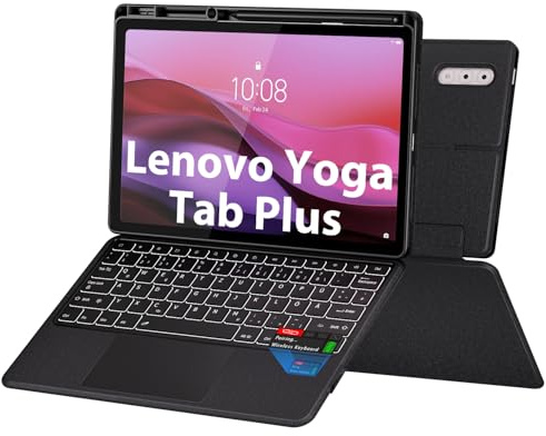 Doohoeek Bluetooth Tastatur Hülle mit Bildschirm Anzeige für Lenovo Yoga Tab Plus 2025 12,7 Zoll, Bluetooth Kabellose Trennbare Tastatur mit Trackpad, 7 Farbige Beleuchtung, QWERTZ