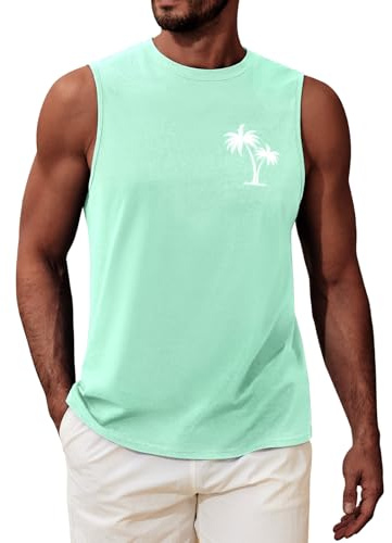 Nadeer Men's Tank Top Sleeveless T-Shirt Vest Loose Fit Hawaiian Printed Sport Gym Shirts Fitness Bodybuilding Muscle Top Training Tee(Light Green,L)