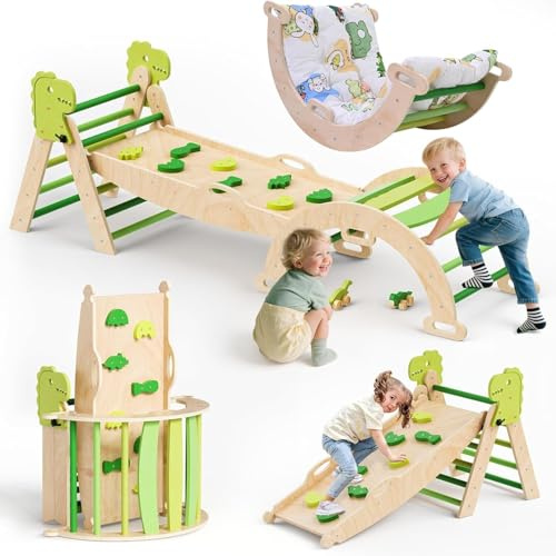 Helangel Montessori 9 en 1 Set de juego interior Montessori: triángulo de escalada interior, arco de escalada con cojín y tobogán para niños, zona de juegos interior de 1 a 3 años (dinosaurio – verde)