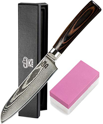 ZEUß Damastmesser Santoku Messer L (24 cm) TÜV geprüfter 62 HRC Damaststahl aus 67 Lagen I Damast-Küchenmesser Santokumesser mit Schleifstein, Holzgriff, Klingenschutz und Geschenkbox