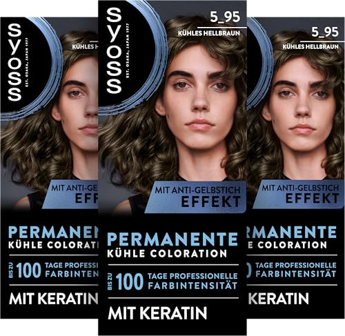 SYOSS Coloration 5_95 Kühles Hellbraun (3 x 115 ml), permanente Coloration mit Keratin verleiht einen kühlen Farbton für bis zu 100 Tage professionelle Farbintensität, mit Anti-Gelbstich-Effekt