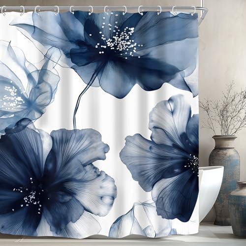 Riyidecor Navy Blue Floral Shower Curtain for Bathroom Decor 72Wx72H Modern Dark Watercolor Flower Elegant Ink Painting Artistic Women Art Printed Fabric Polyester Waterproof 12 Pack Plastic Hooks