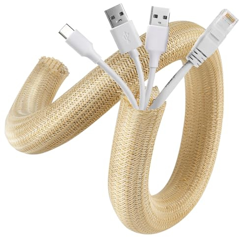AGPTEK 2 m kabelslang, 25–34 mm självstängande kabelkanal, beige | Flexibel vävd kabelrock, kabelhantering för skrivbord, TV, dator, PC, kabelskydd för hund, katt