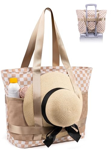 Large Beach Tote Pool Swim Bag for Women Sandproof with Wet Compartment | Waterproof 8 Multi-Pockets | Zipper Closure | Ideal for Travel, Cruise, Vacation, Picnic | Light & Quick-Dry Mesh