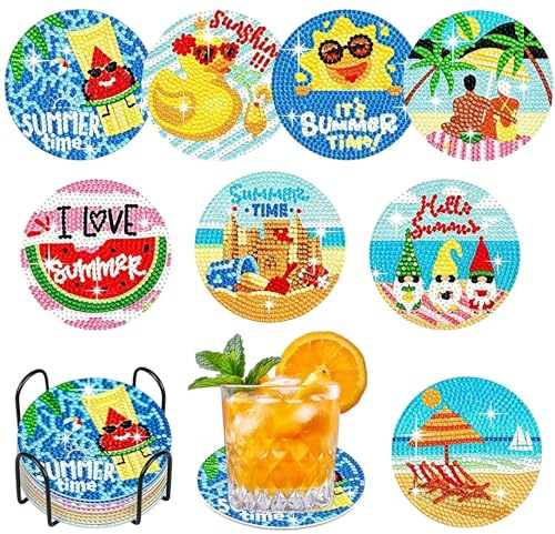 Posavasos Diamond Painting 8 Piezas, Kit DIY Madera 10 cm con Soporte