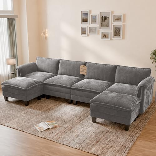 ELUCHANG Sofá Nube Modular 336cm con 2 Pufs, Sofá en Forma de U de 4 Plazas, Asiento Profundo 62cm, Montaje sin Herramientas, Sofá de Esquina en Chenilla, Verde Salvia