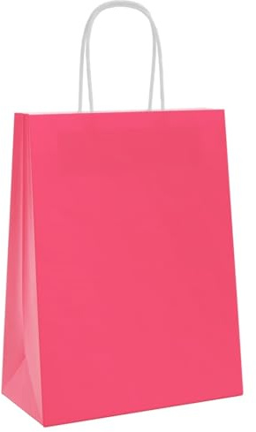 QUAHEAS Pappersbärkassar rosa med pappersrep 21 x 11 x 28 cm kraftpapper 250 stycken bärväska presentpåse party förpackning för födelsedag bröllop jul påsk
