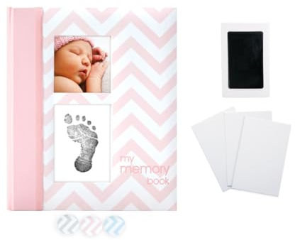 Pearhead First 5 Years Chevron Baby Memory Book with Clean-Touch Safe Ink Pad for Handprint or Footprint, Girl Keepsake Book, Imprint Kit Included, Pink, UK English Version