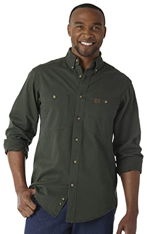 Wrangler Camisa de Trabajo de Manga Larga de Sarga para Hombre, Verde (Forest Green), 3XL