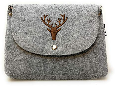 Tasche Schultertasche Clutch Filz hell Grau Gilde Hirsch Geweih Alpen Trend