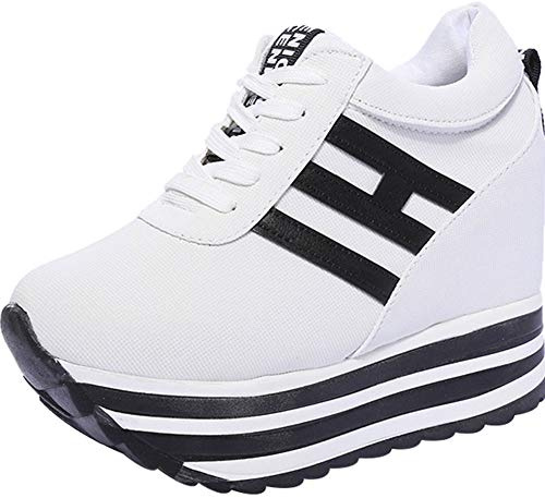 wealsex Basket Mode Toile Plateforme Compensée Femme Sneakers Chaussure Décontracté Semelle Epaisse (Blanc,étiquette 39=EU 38)