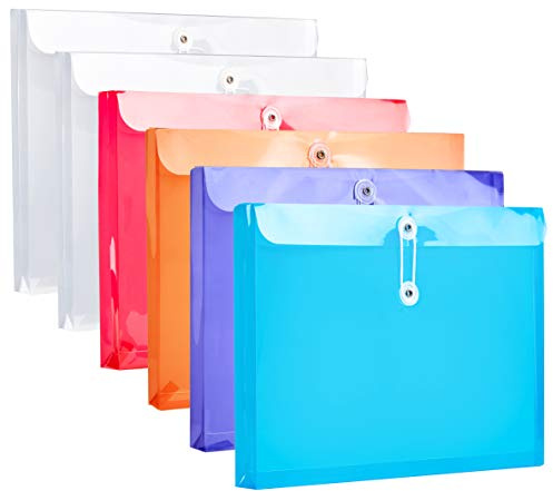 FANWU Plastic Letter Size Envelopes with Button & String Tie Closure, 1-1/6 Expansion, Side Load, Clear Poly Reusable File Folders Project Paper Documents Organizer for Office School & Home