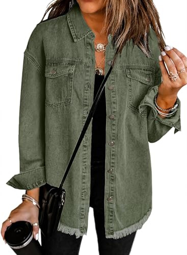 Dokotoo Jean Jacket Women Spring Summer Fall Country Concert Outfits Casual Long Sleeve Denim Shirt Distressed Boyfriend Denim Jacket Shackets Western Jean Jacket Womens Clothing Green Jackets S