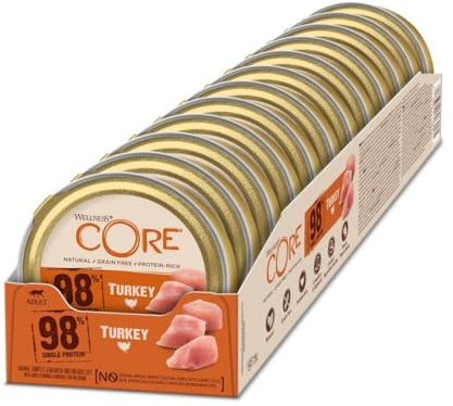 Wellness CORE 98% 12 x 85g, Turkey – Wet Cat Food | Chunky Pate, Grain-Free, Natural, Hypoallergenic, High-Protein, High Meat Content