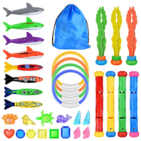 ELECLAND 34 PCS Diving Pool Toys Swimming Pool Toys Underwater Diving Game Kit with Storage Drawstring Bag Summer Toys Gift for Kids